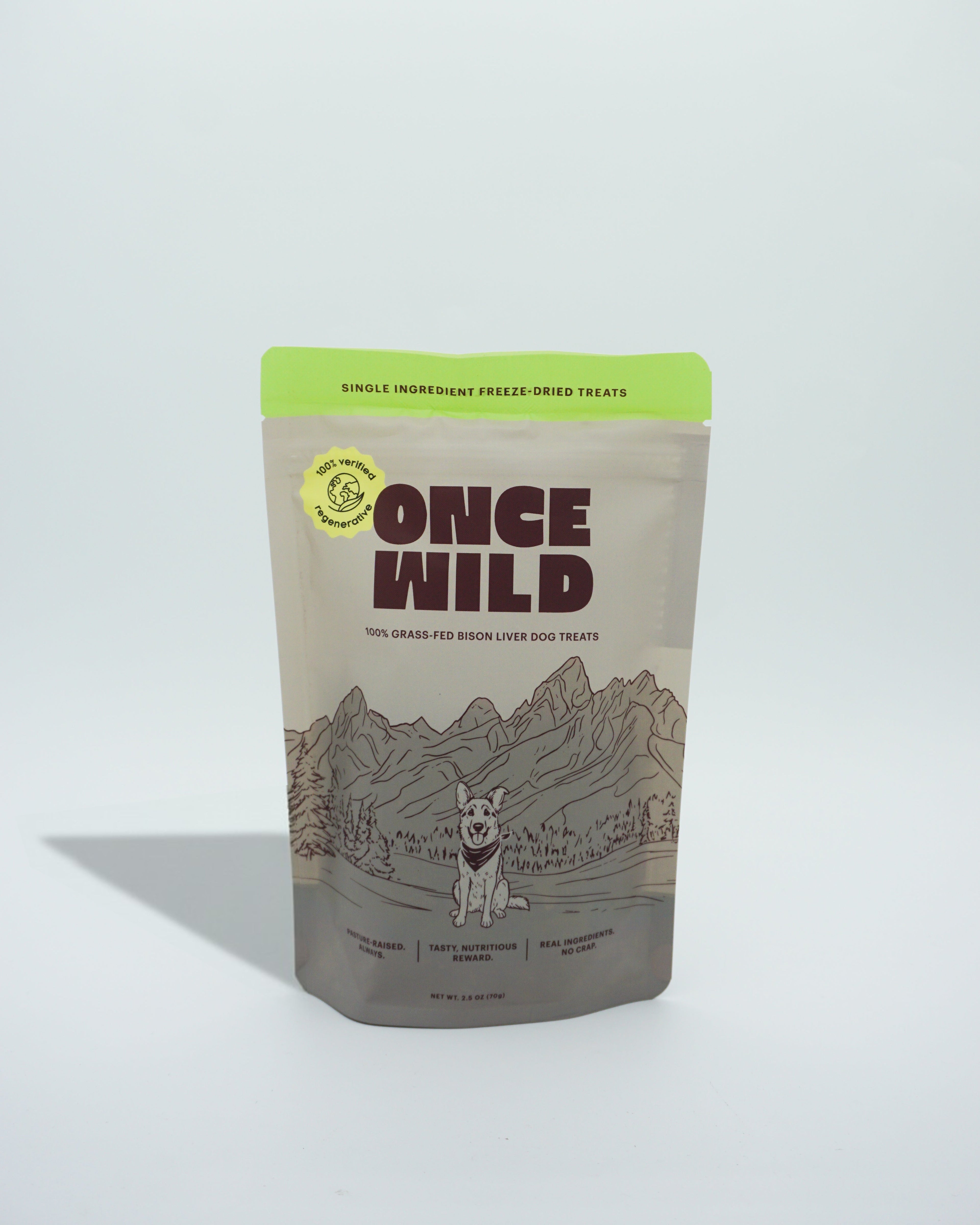 Once Wild dog treat package on a white background