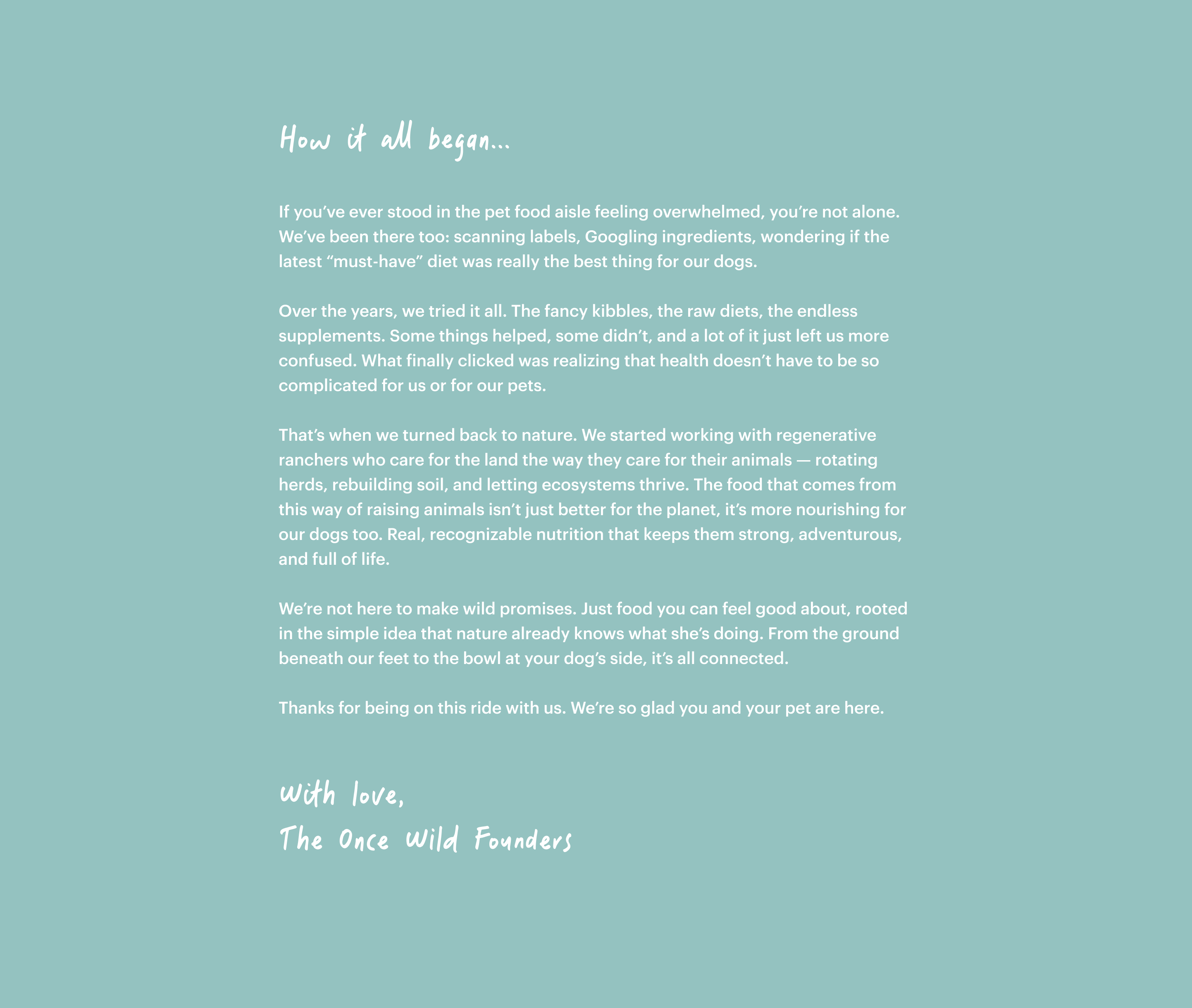 Text on a teal background about the origins of a pet food brand, with a quote from the founders.