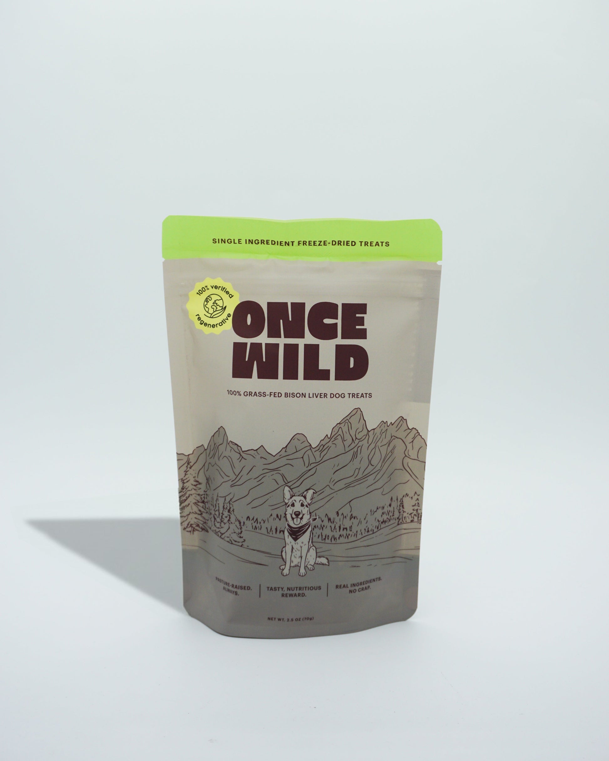 Once Wild dog treat package on a white background