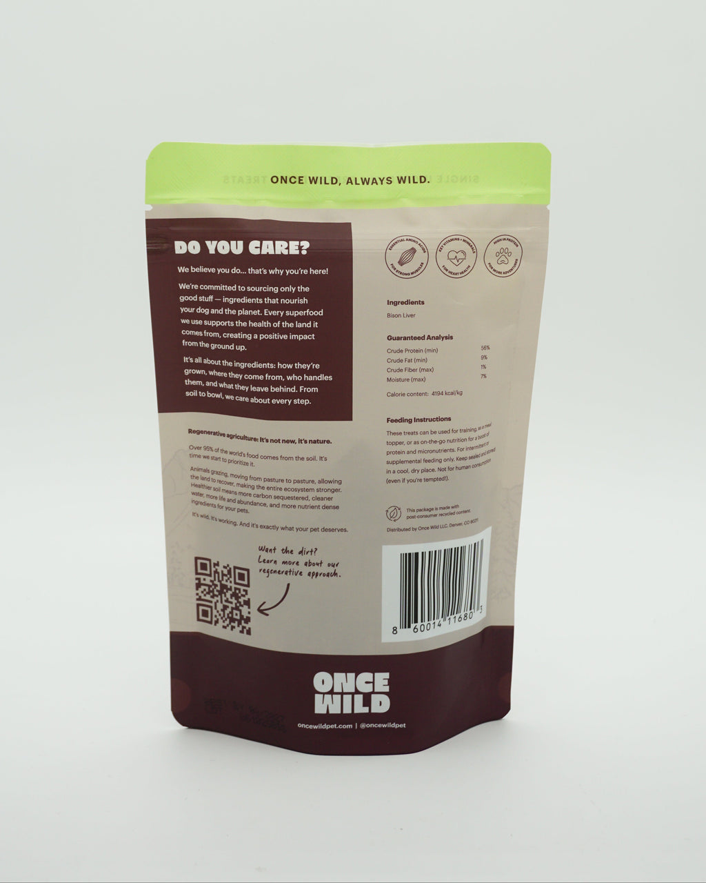Back view of a Once Wild product packaging on a white background