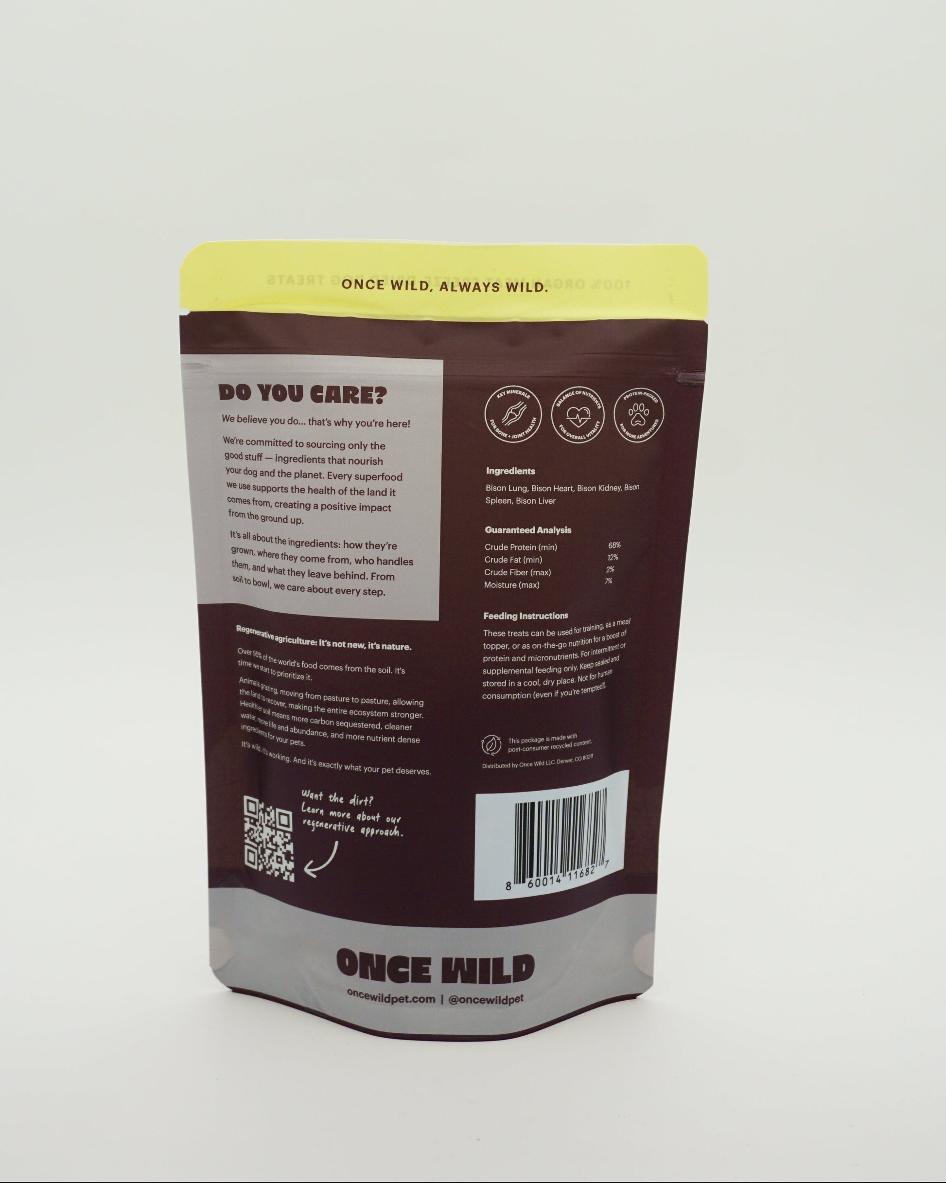 Back view of a 'Once Wild' product packaging on a white background