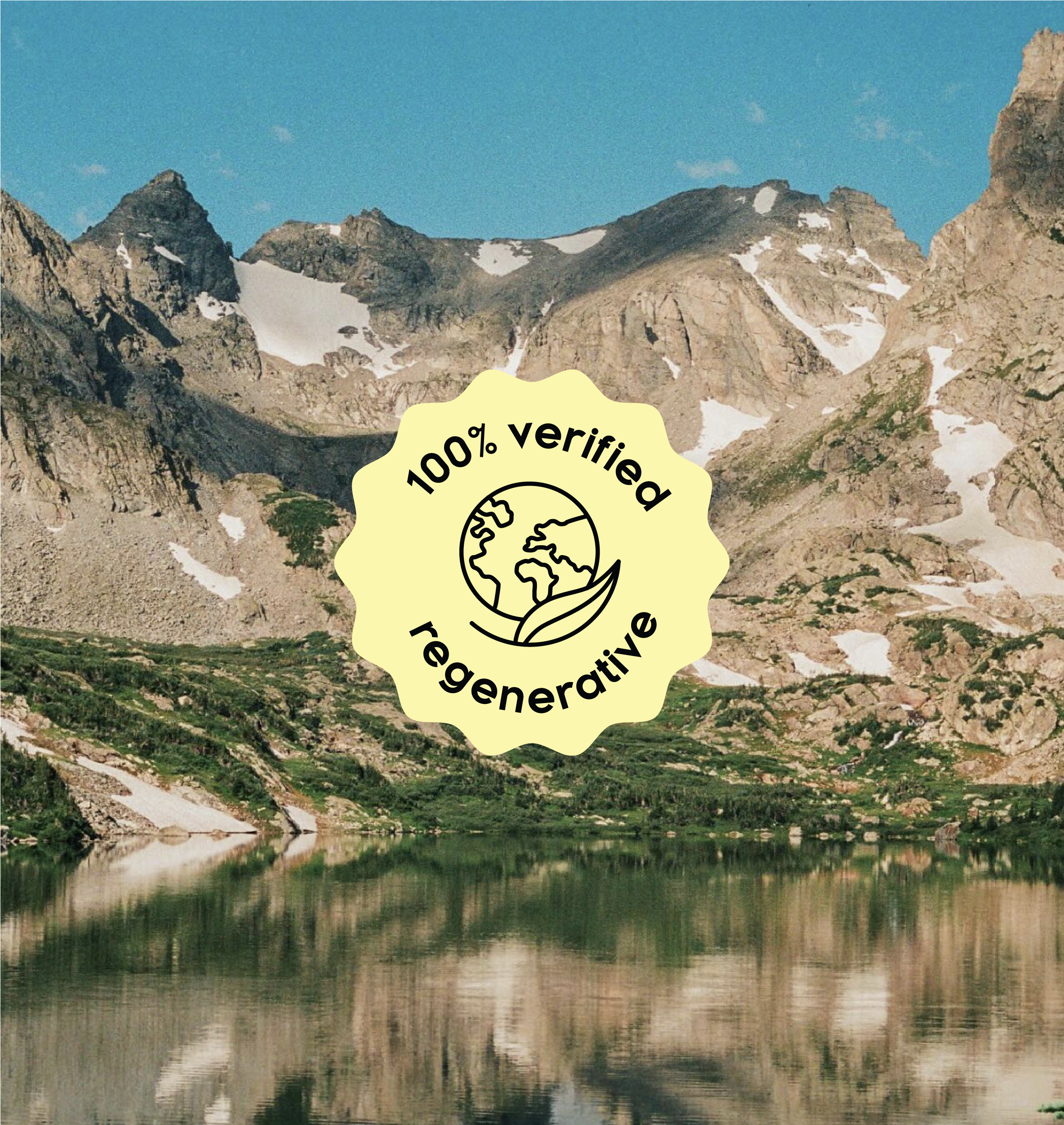 Mountain landscape with a '100% verified regenerative' badge overlay