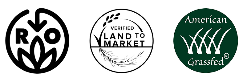 Three certification logos shown side by side on a white background: a black circular 'RO' logo on the left, a black-and-white 'Verified Land to Market' logo in the center, and a dark green circular 'American Grassfed' logo on the right.