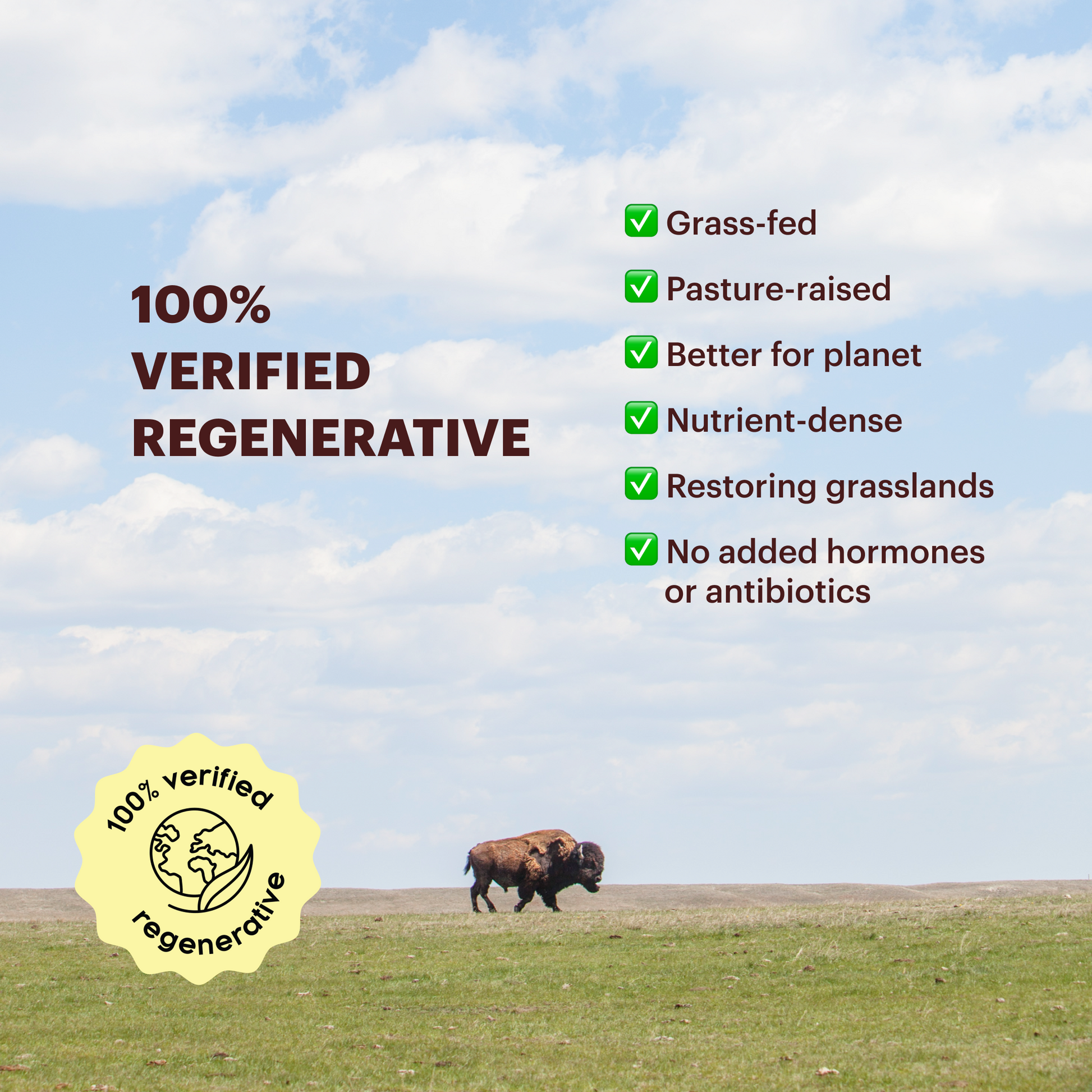 Two bison grazing in a field with a blue sky, featuring text about verified regenerative practices.