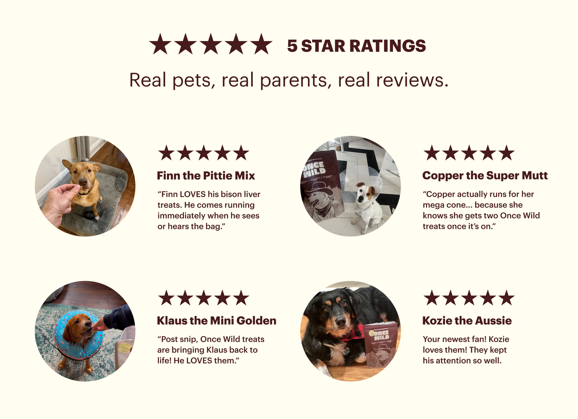Five-star rating system with dog owners' testimonials and product images on a white background.